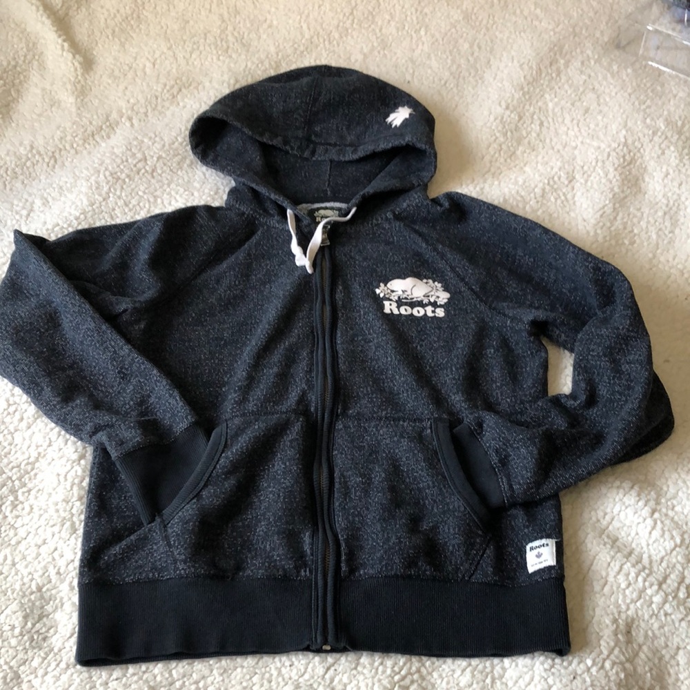 Roots hoodie zip up with 2 front pockets black am with white fleck Sz M